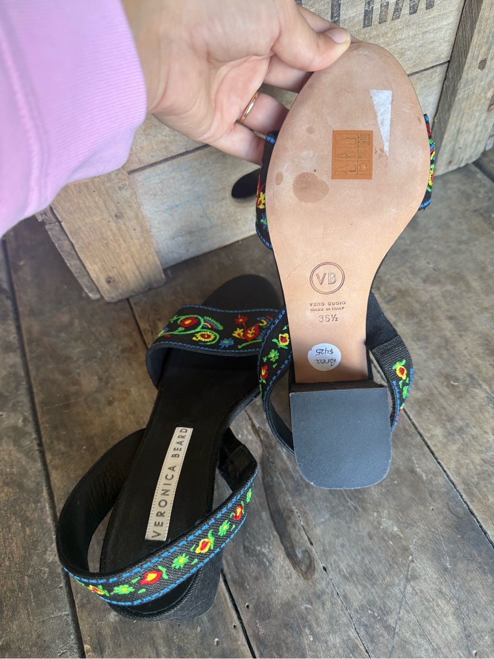 Veronica Beard Floral Embroidered Slingback Sandals 36.5 US 6.5 Black Block Heel - Picture 5 of 5